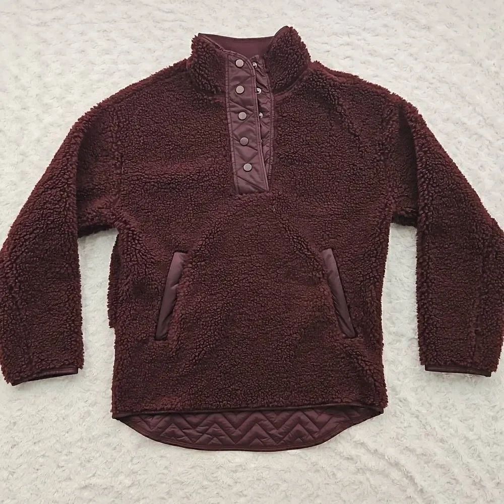 Athleta XS Cozy Sherpa Snap Sweatshirt Maroon Wine Red 466888 NWOT Womens Fleece